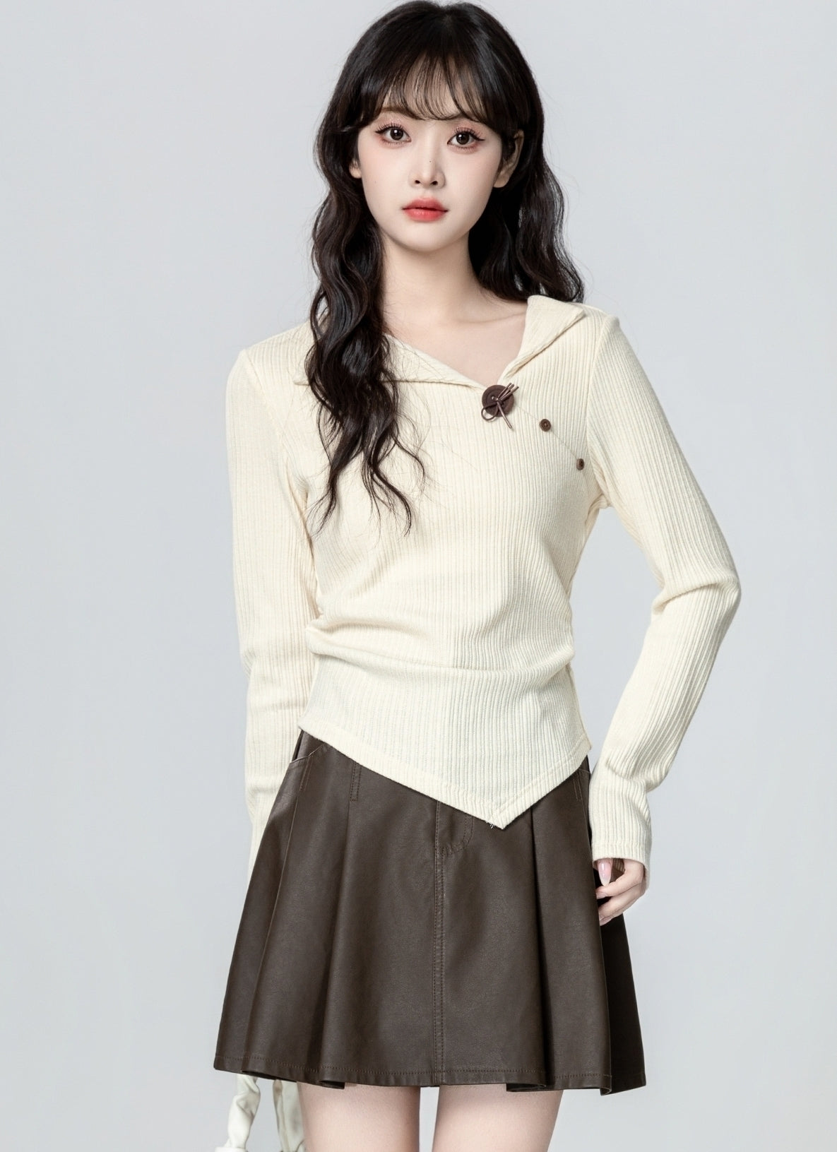 Ivory Asymmetrical Collar Long Sleeve T Shirt