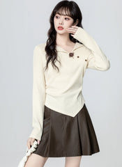 Ivory Asymmetrical Collar Long Sleeve T Shirt