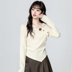 Ivory Asymmetrical Collar Long Sleeve T Shirt