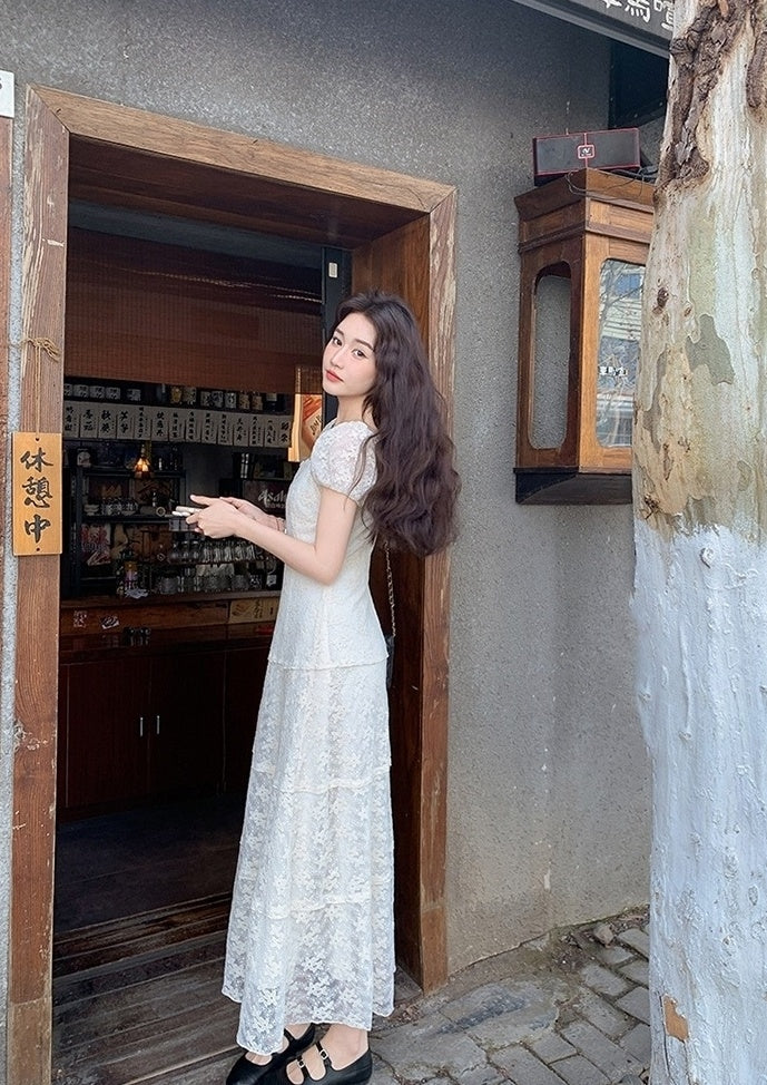 Ivory Lace Embroidered Puff Sleeve Maxi Dress