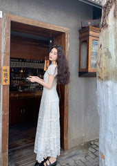 Ivory Lace Embroidered Puff Sleeve Maxi Dress