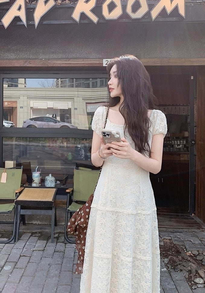 Ivory Lace Embroidered Puff Sleeve Maxi Dress