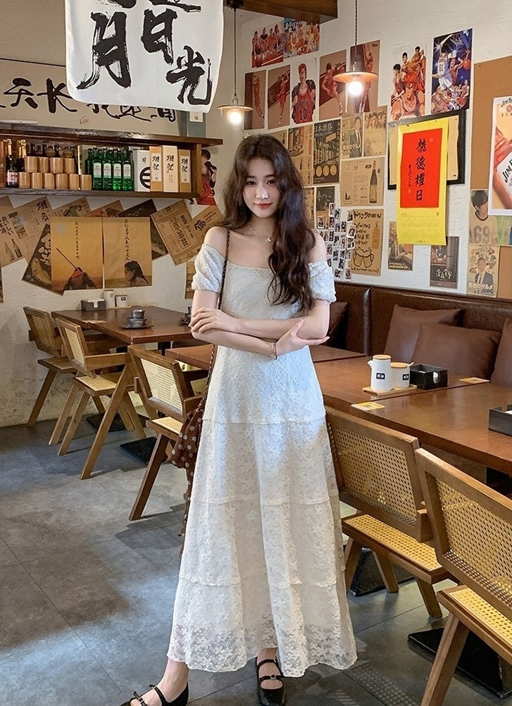 Ivory Lace Embroidered Puff Sleeve Maxi Dress