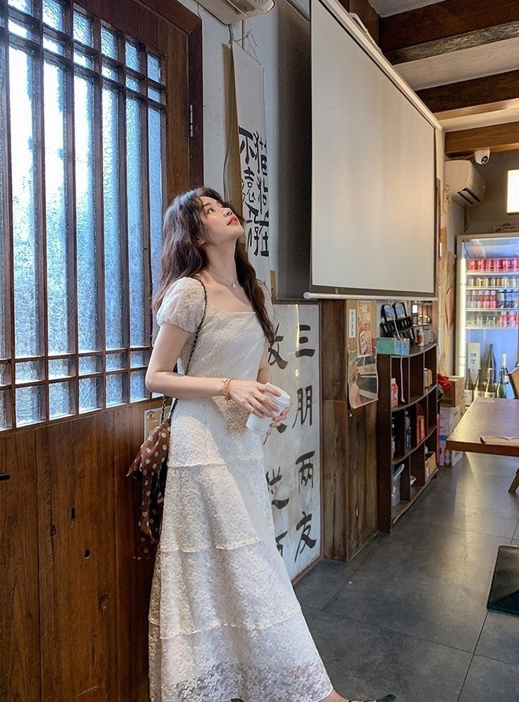 Ivory Lace Embroidered Puff Sleeve Maxi Dress