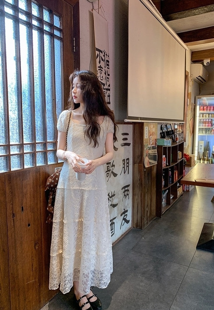 Ivory Lace Embroidered Puff Sleeve Maxi Dress