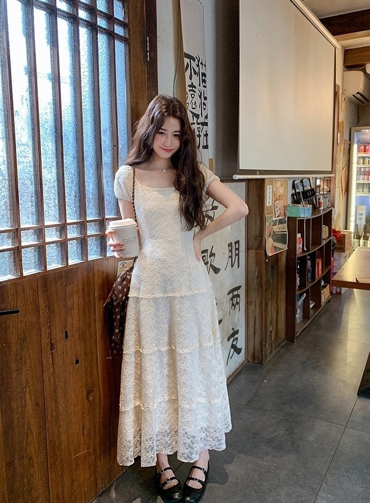 Ivory Lace Embroidered Puff Sleeve Maxi Dress