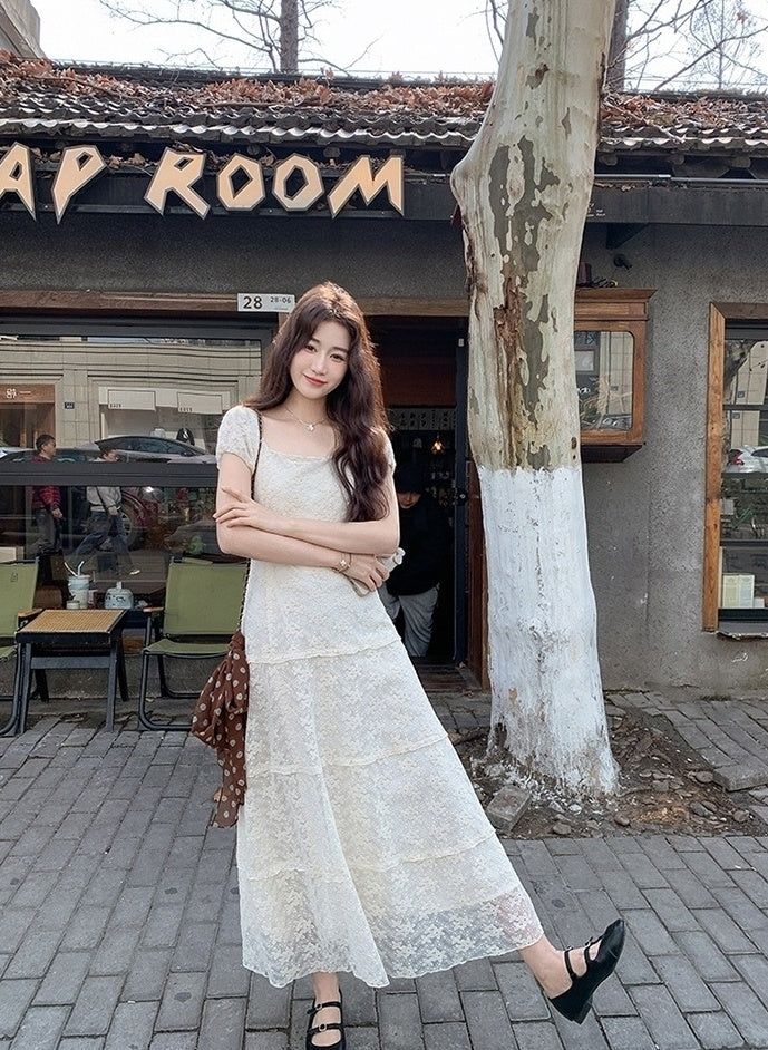 Ivory Lace Embroidered Puff Sleeve Maxi Dress