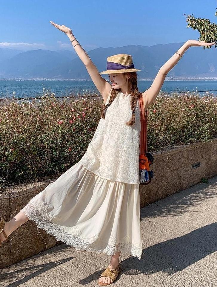 Ivory Lace Trim Sleeveless Summer Dress