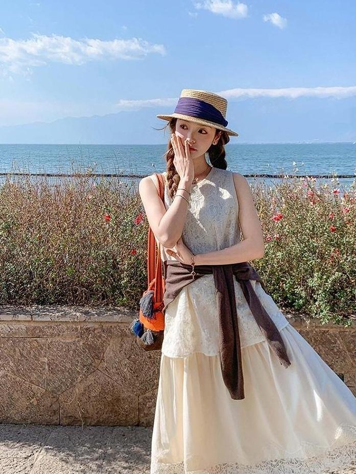 Ivory Lace Trim Sleeveless Summer Dress