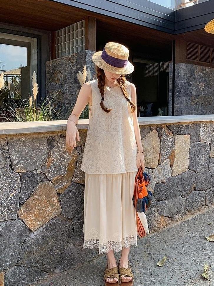 Ivory Lace Trim Sleeveless Summer Dress