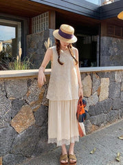 Ivory Lace Trim Sleeveless Summer Dress