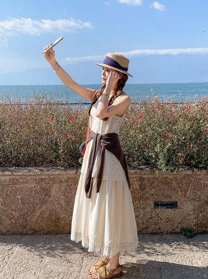 Ivory Lace Trim Sleeveless Summer Dress