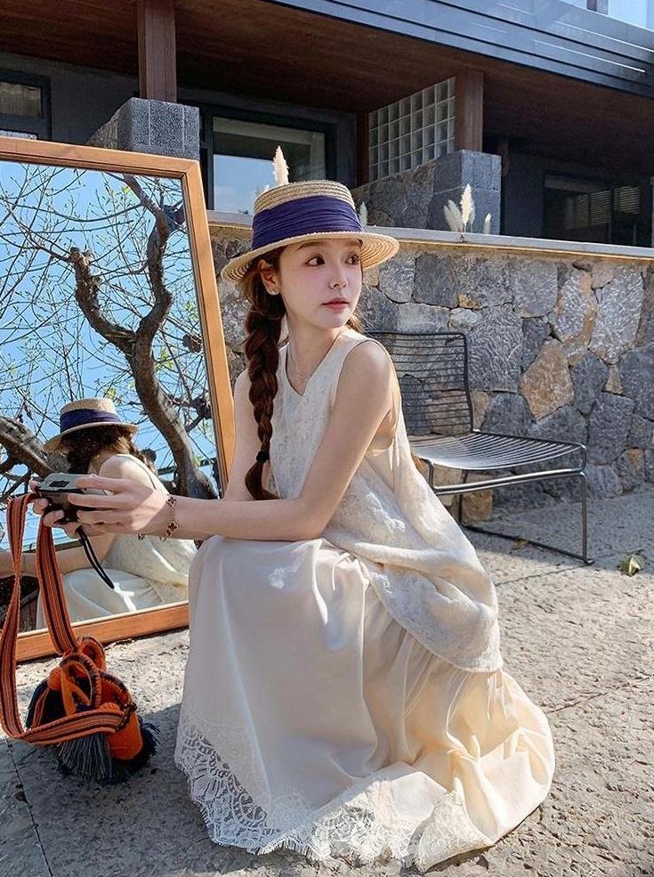 Ivory Lace Trim Sleeveless Summer Dress
