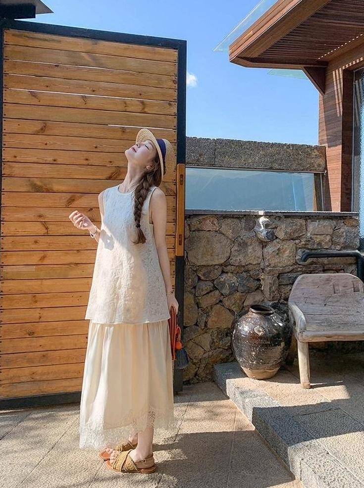 Ivory Lace Trim Sleeveless Summer Dress