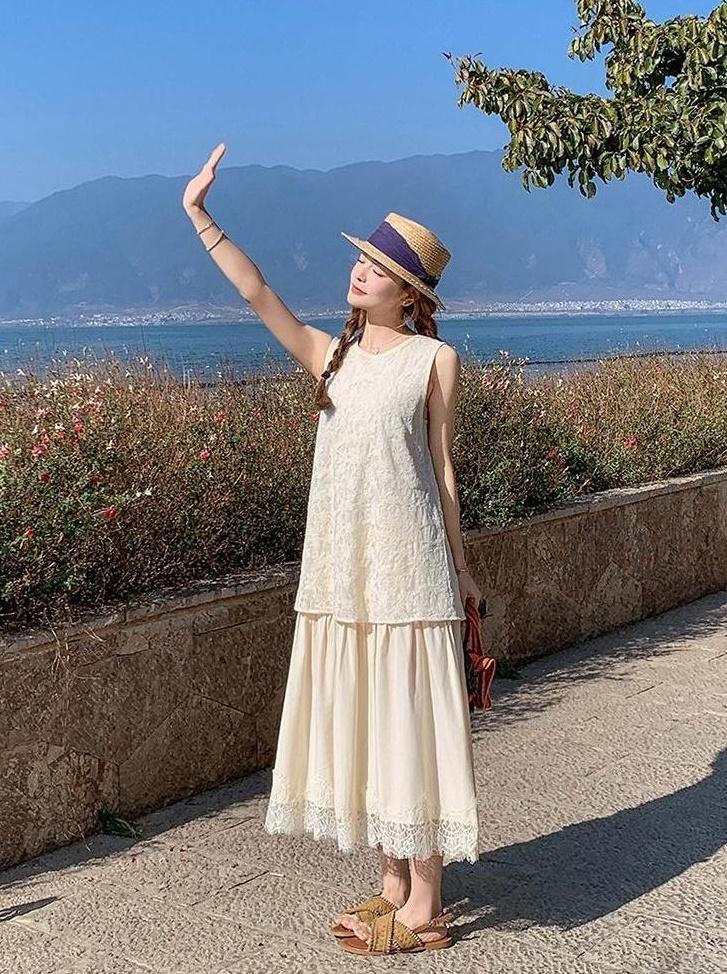 Ivory Lace Trim Sleeveless Summer Dress