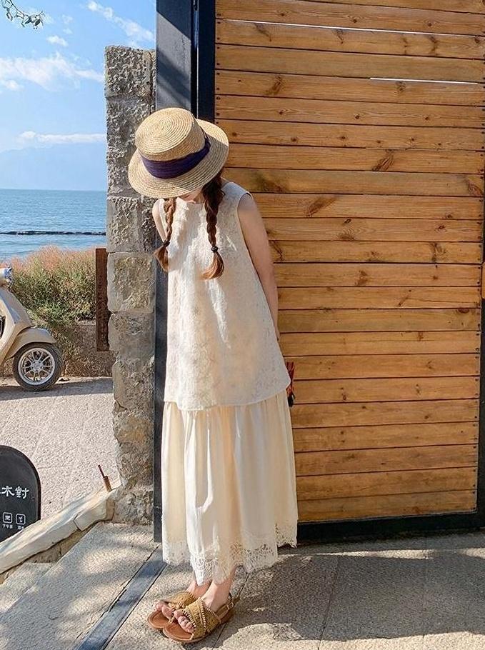 Ivory Lace Trim Sleeveless Summer Dress