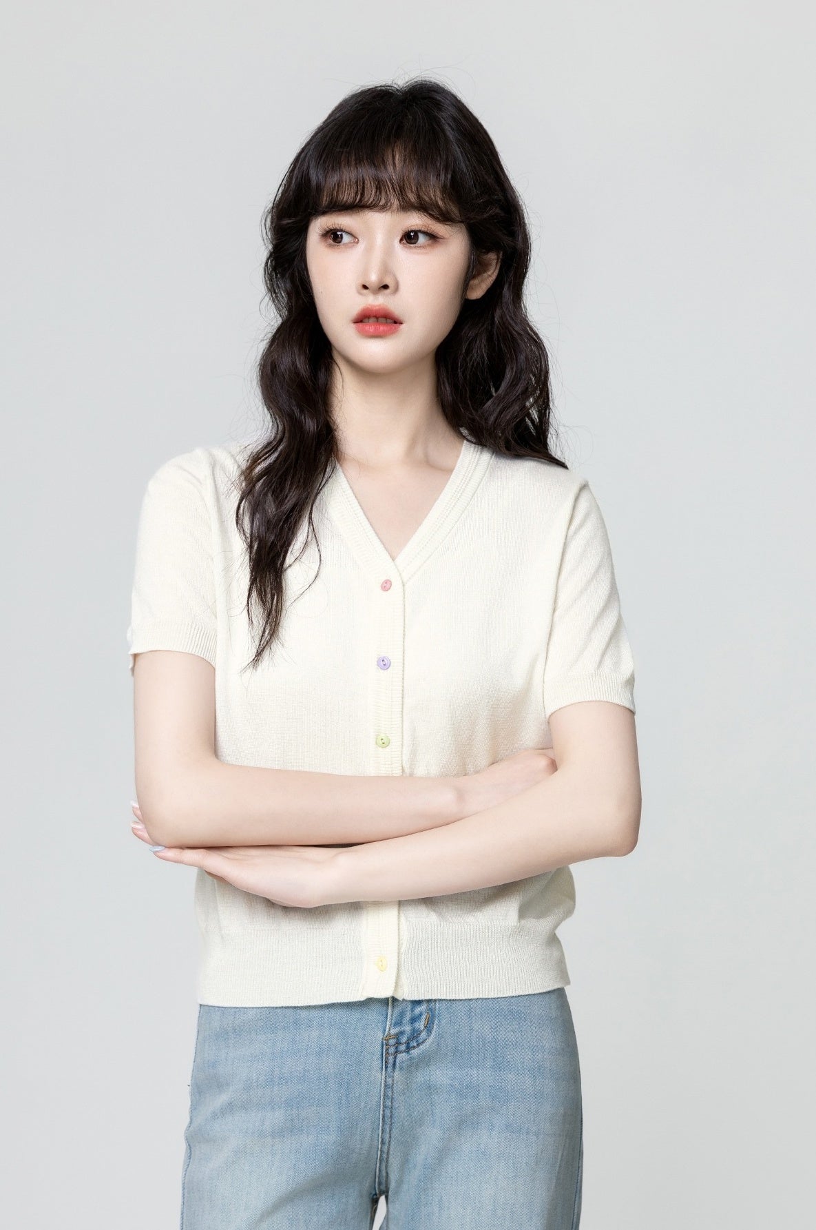 Ivory Vneck Knit Cardigan Short Sleeve Top