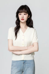 Ivory Vneck Knit Cardigan Short Sleeve Top