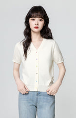 Ivory Vneck Knit Cardigan Short Sleeve Top