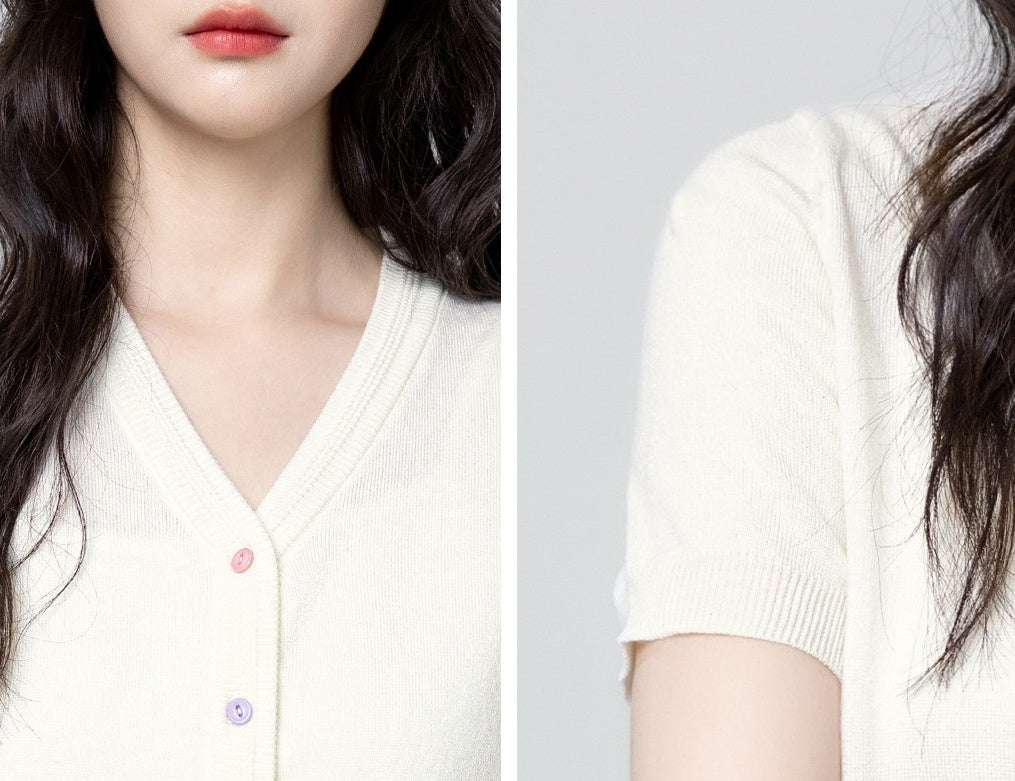 Ivory Vneck Knit Cardigan Short Sleeve Top