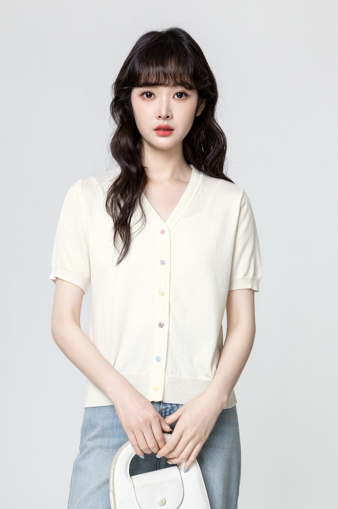 Ivory Vneck Knit Cardigan Short Sleeve Top