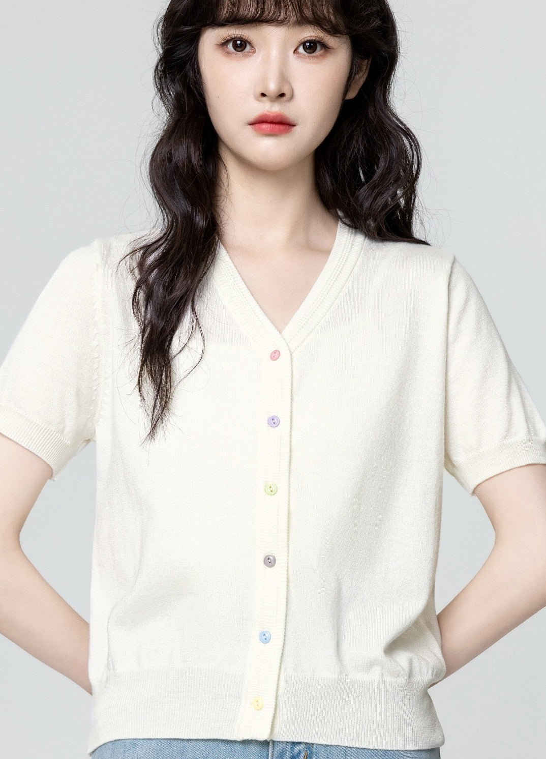 Ivory Vneck Knit Cardigan Short Sleeve Top