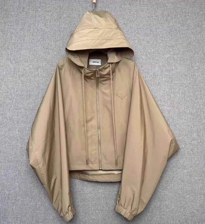 Beige Hooded Windbreaker Jacket