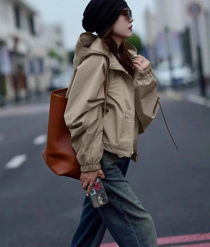 Beige Hooded Windbreaker Jacket
