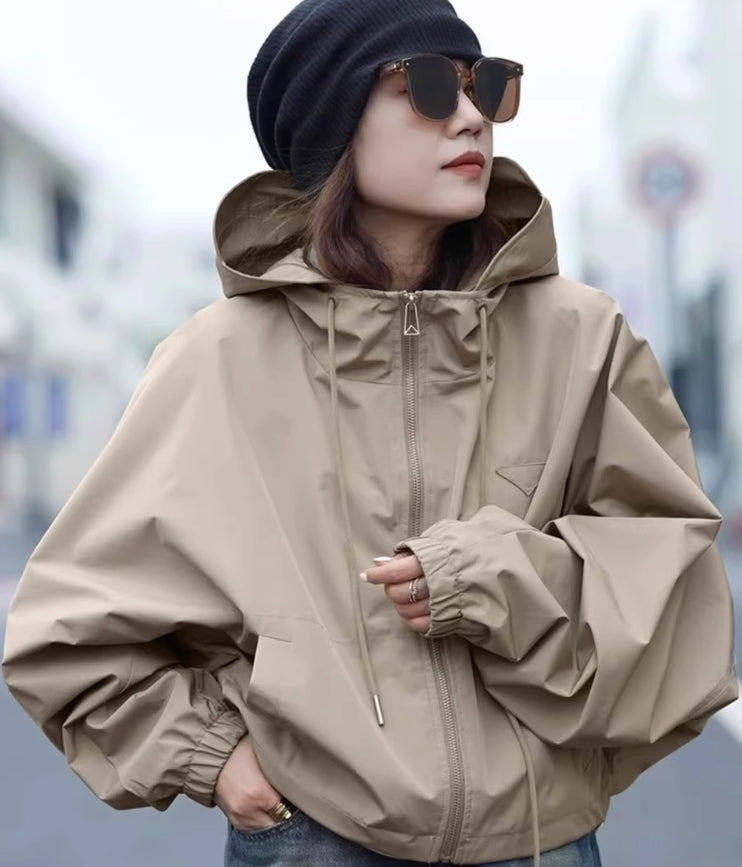 Beige Hooded Windbreaker Jacket