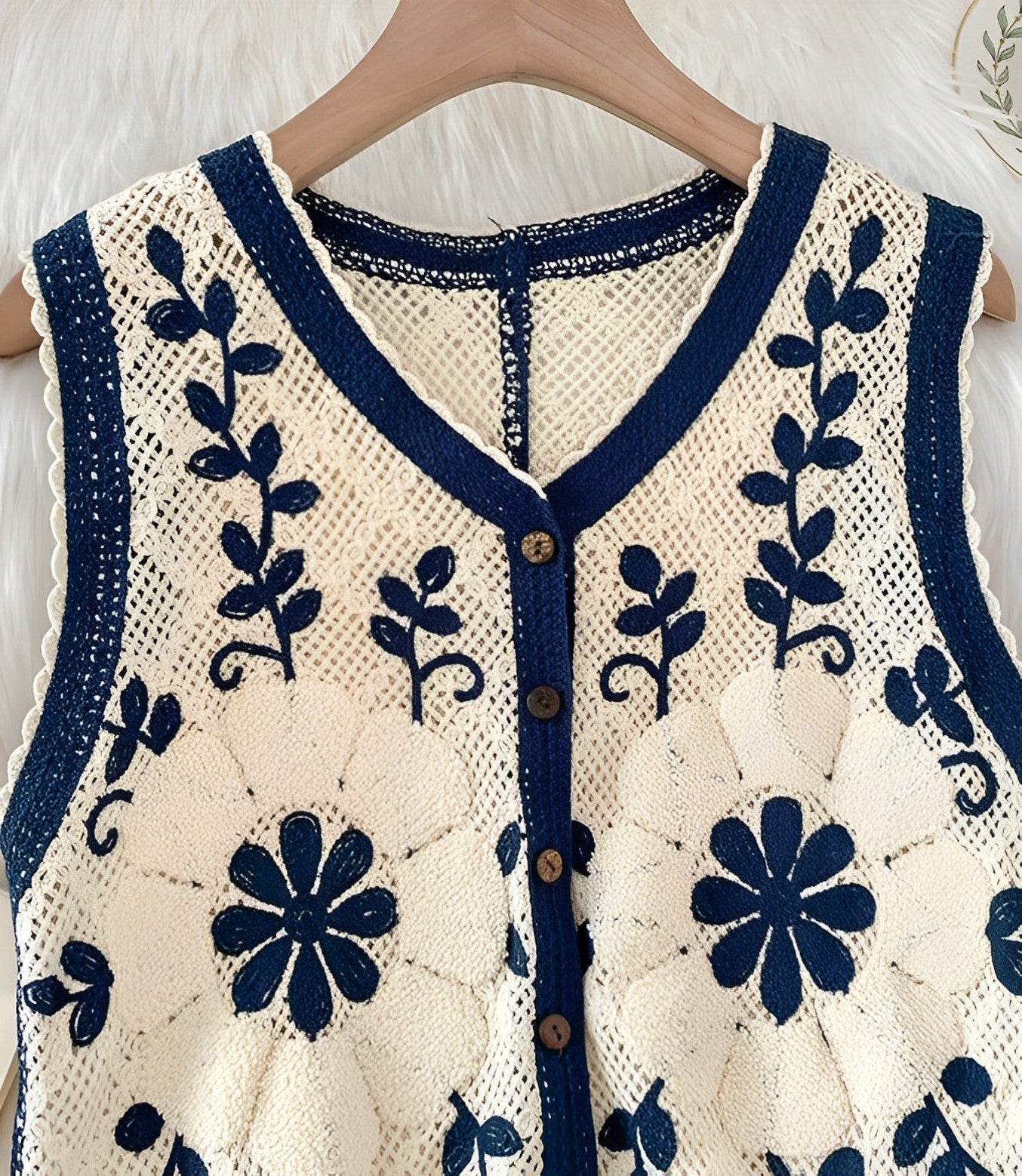 Black and White Flower Embroidered Knitted Vest