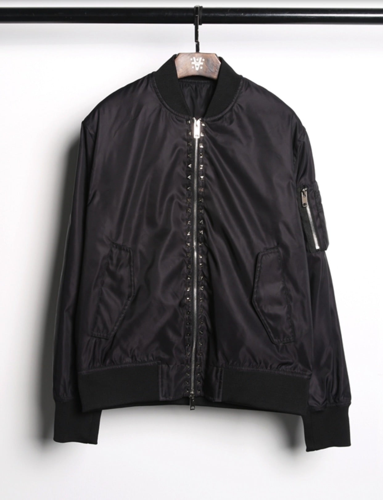 Black Square Studs Classic Black Bomber Jacket