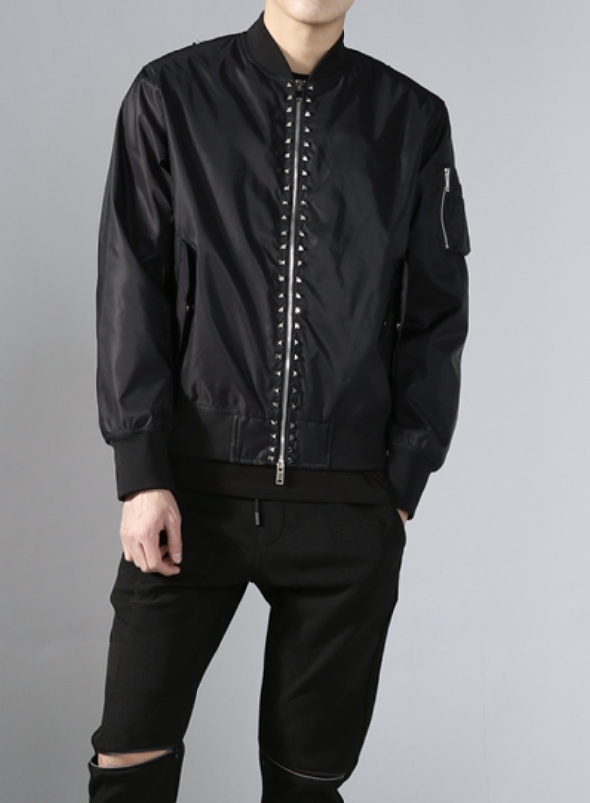 Black Square Studs Classic Black Bomber Jacket