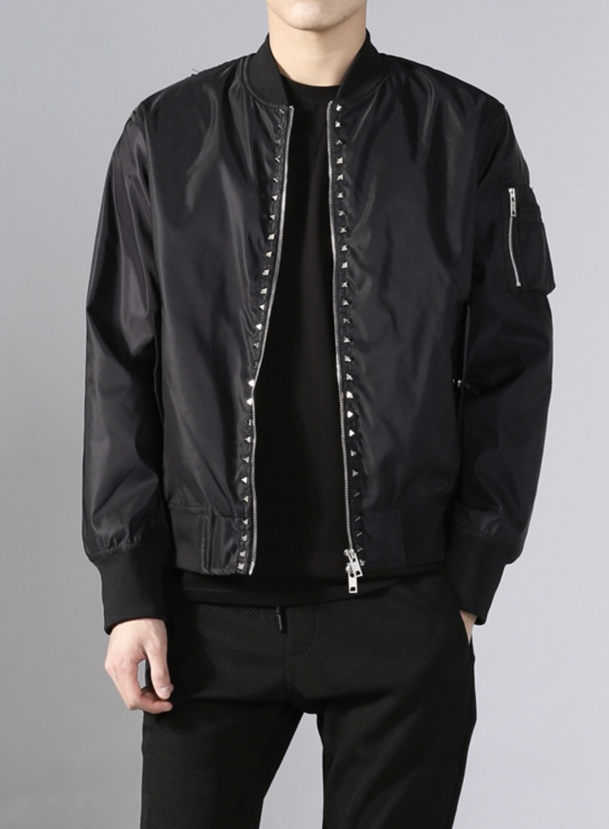 Black Square Studs Classic Black Bomber Jacket