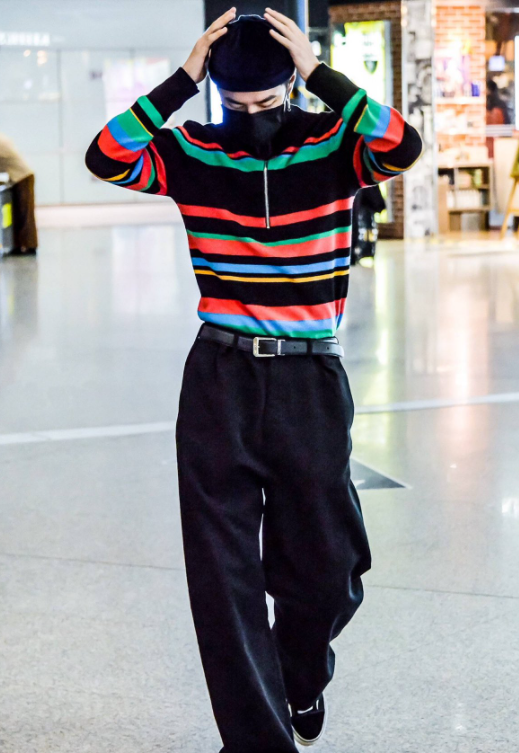 Black Mock Neck Sweater With Colorful Stripes