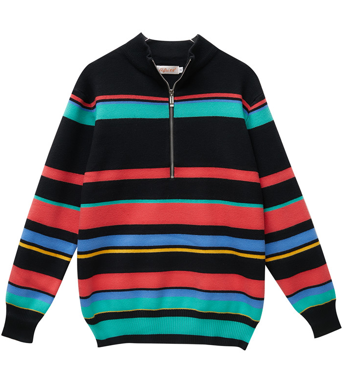 Black Mock Neck Sweater With Colorful Stripes