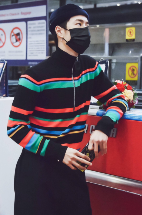 Black Mock Neck Sweater With Colorful Stripes