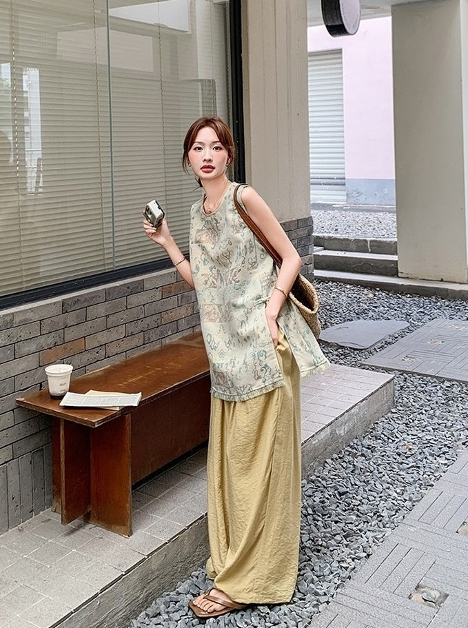 Jacquard Tassel Vest And Wide Leg Pants Set