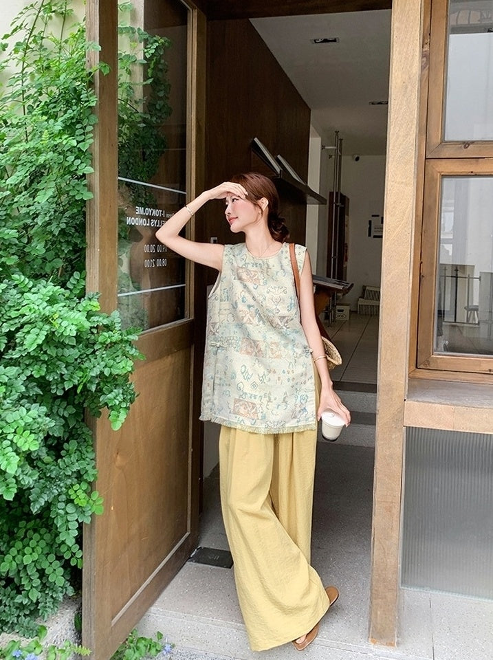 Jacquard Tassel Vest And Wide Leg Pants Set