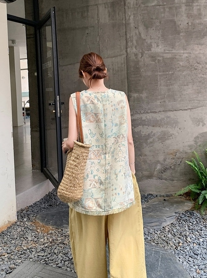 Jacquard Tassel Vest And Wide Leg Pants Set
