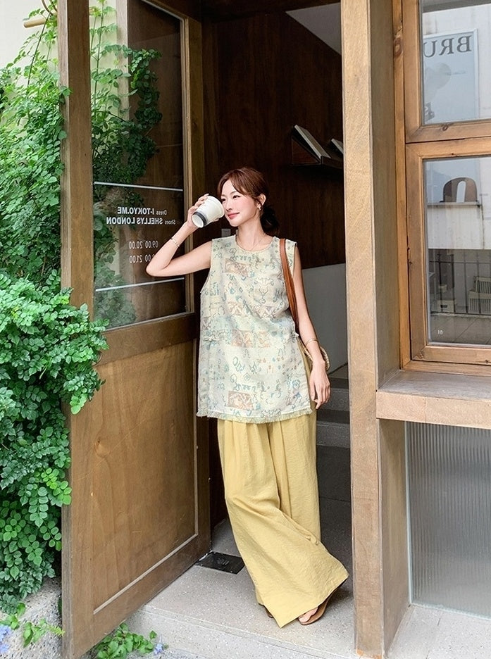 Jacquard Tassel Vest And Wide Leg Pants Set