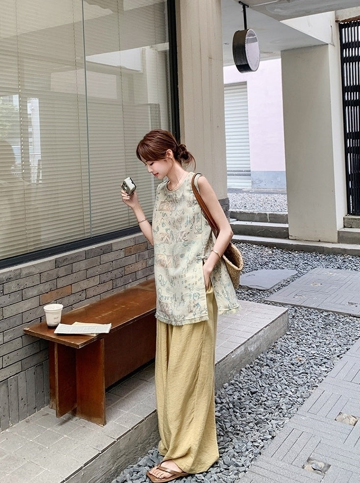 Jacquard Tassel Vest And Wide Leg Pants Set