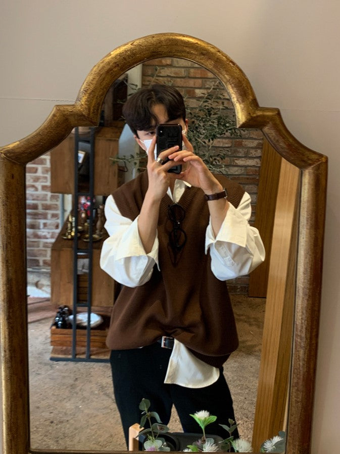 Brown V-Neck Knitted Vest