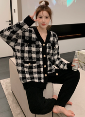 Black Plaid Button Cardigan