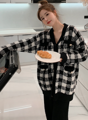 Black Plaid Button Cardigan