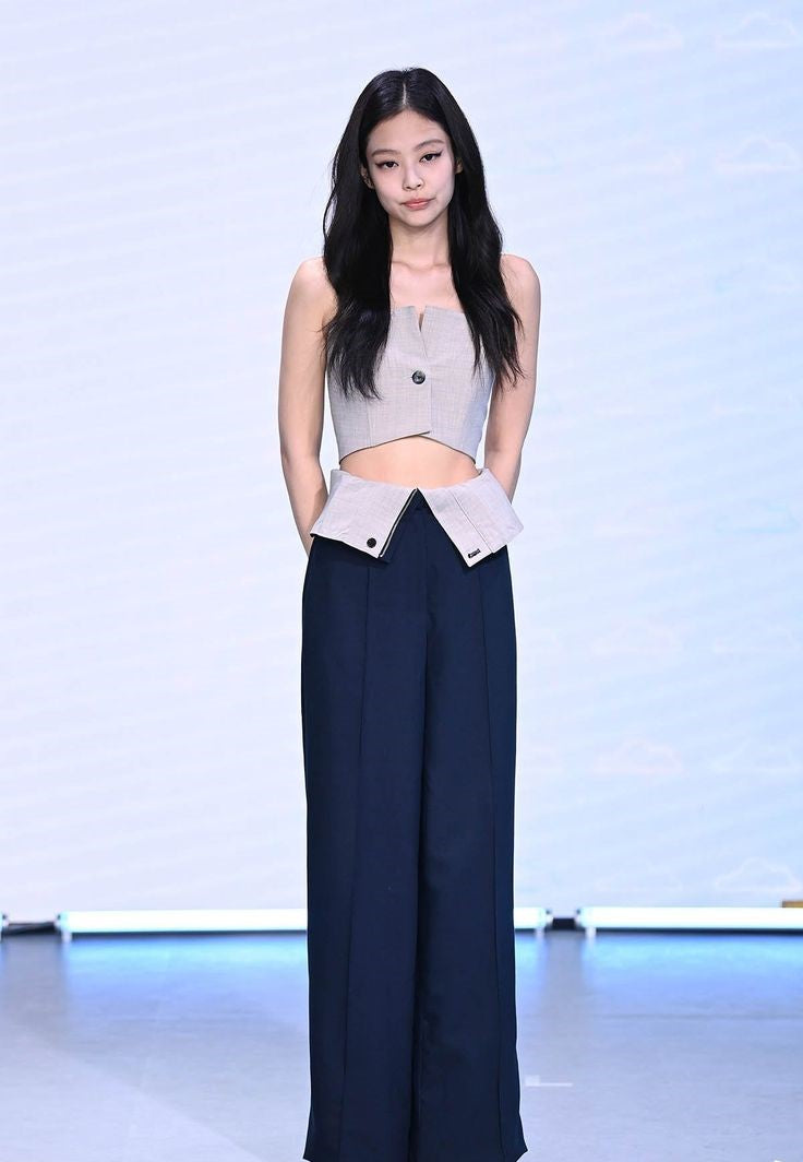 Black Folded Waist Wide Leg Pants