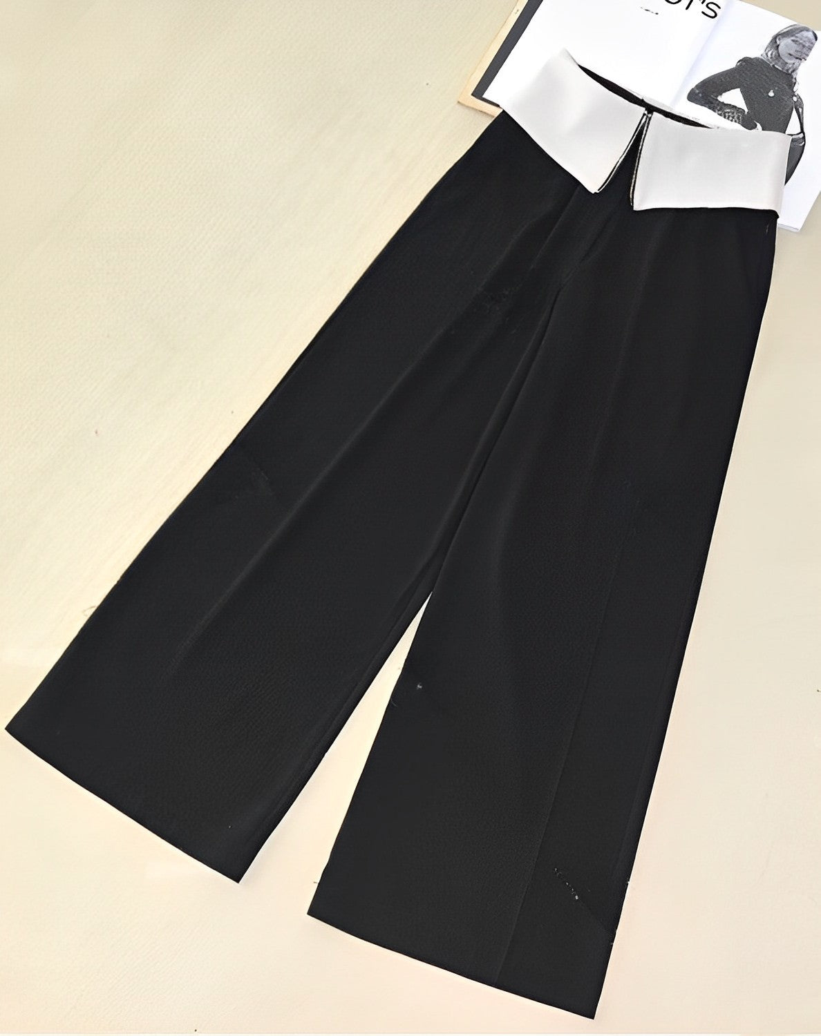 Black Folded Waist Wide Leg Pants