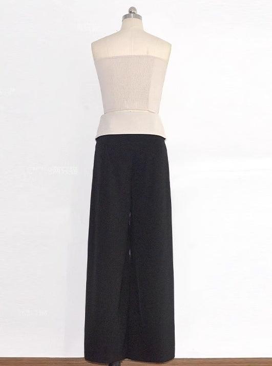 Black Folded Waist Wide Leg Pants