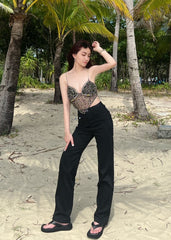 Black Sheer Floral Cropped Top