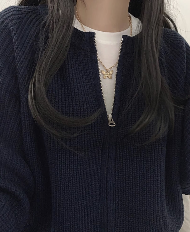 Blue Knitted Zip-Up Cardigan