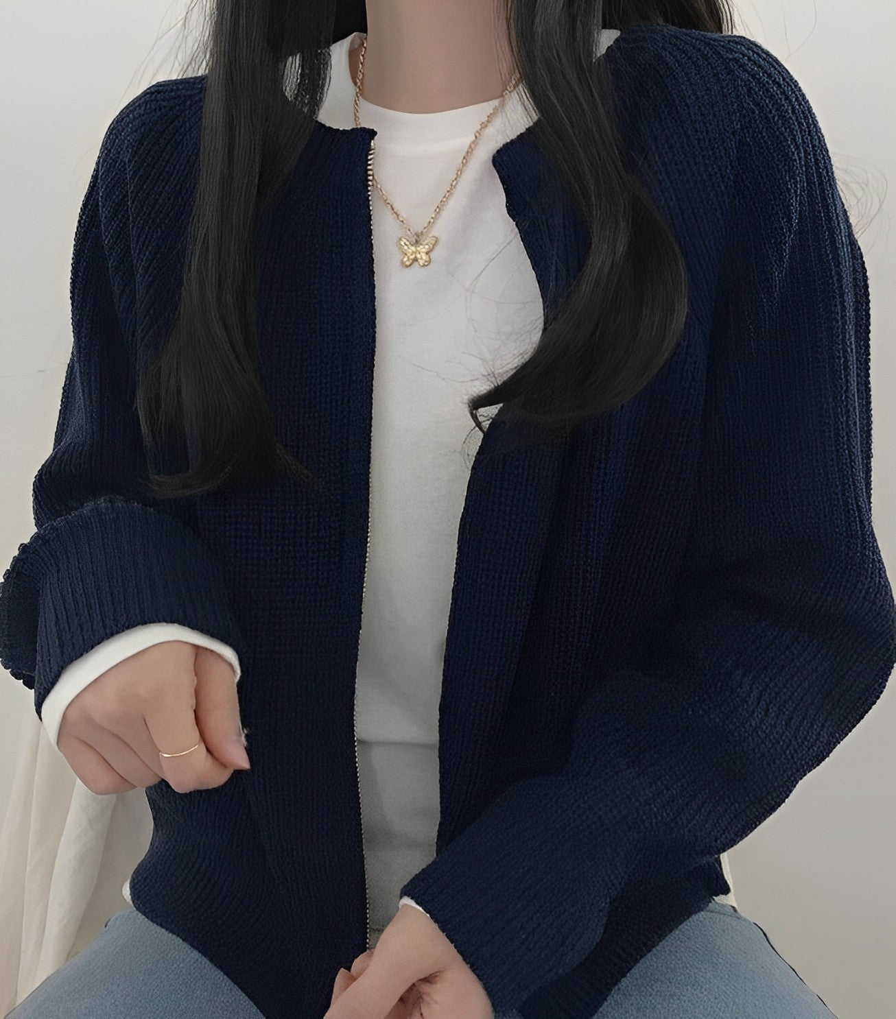Blue Knitted Zip-Up Cardigan